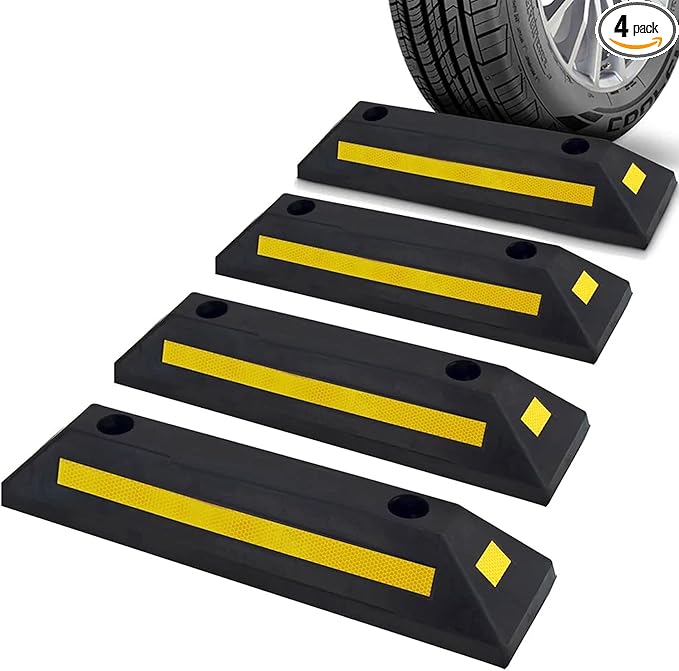 Pyle Curb Garage Vehicle Floor Safety Heavy Duty Rubber Parking Lot Driveway Stopper, for Car Vans Trucks Tire Wheel Guide Block Protect Bumper, 4 Pack PCRSTP11X4, Multicolored