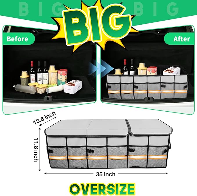 Big Car Trunk Organizer, Cargo Organizer SUV Trunk Storage Non Slip Bottom Waterproof Collapsible Durable Multi Compartments-(