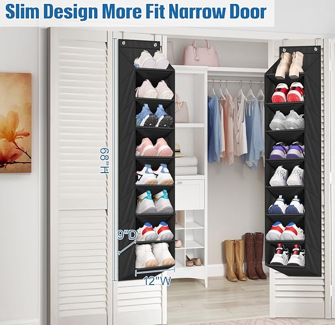SLEEPING LAMB 2 Pack Narrow Over The Door Shoe Organizer with 8 Large Deep Pockets, Hanging Shoe Rack for Closet Door Storage