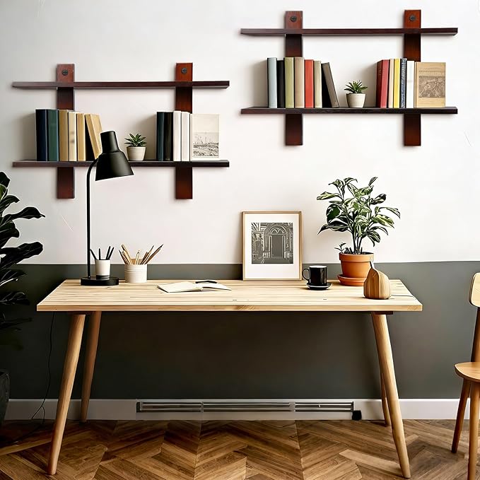 Floating Shelves for Wall Set of 2 Long 2 Tier Wood Wall Mounted Shelves Mid Century Modern Decorative Storage Plant Photo Di