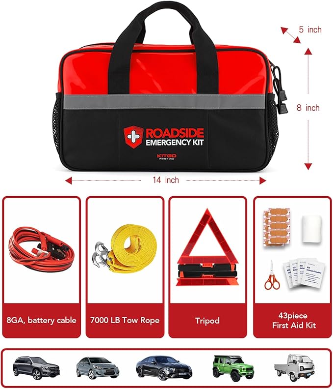 Kitgo Car Emergency Kit,Premium Roadside Assistance Essentials with Jumper Cables, Flashlight, Shovel, Screwdriver Set - Idea