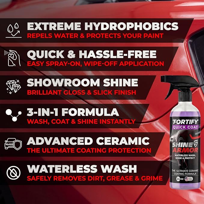 Car Wax Spray and Ceramic Coating for Cars - 3 in 1 Waterless Car Wash and Detailing - Quick Effect Coating Agent for Car - High Gloss Top Coat, Shiny Car Stuff by Shine Armor - Protective Wax 16FlOz