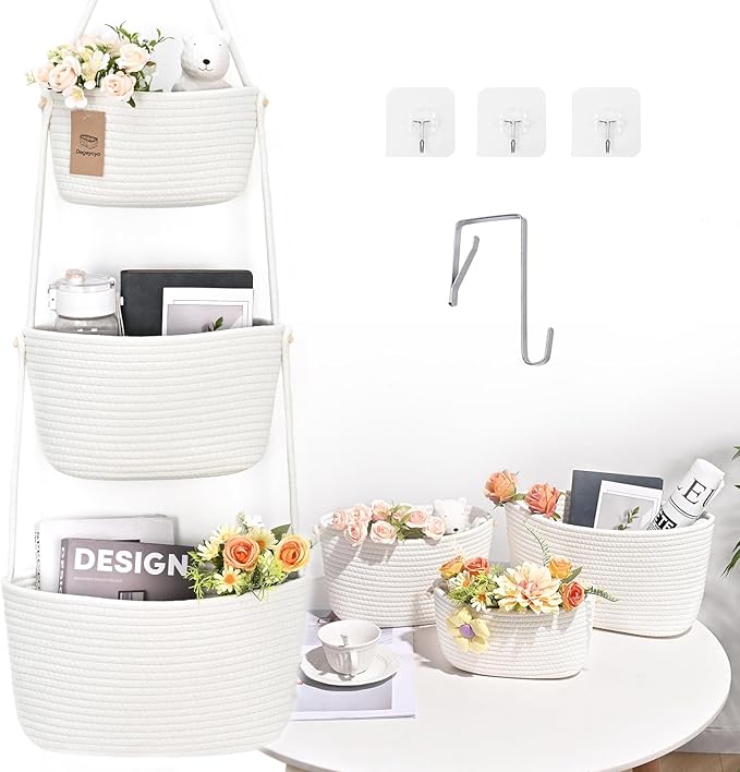 Hanging Storage Baskets, Over the Door Basket, Cotton Wall Baskets Storage, Hanging Door Basket with 4 Hooks