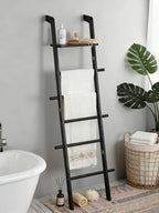 Black Blanket Ladder with Top Shelf for the Living Room - 67in Decorative Wooden Blanket Holder, 5 Tier with Side Hooks for H