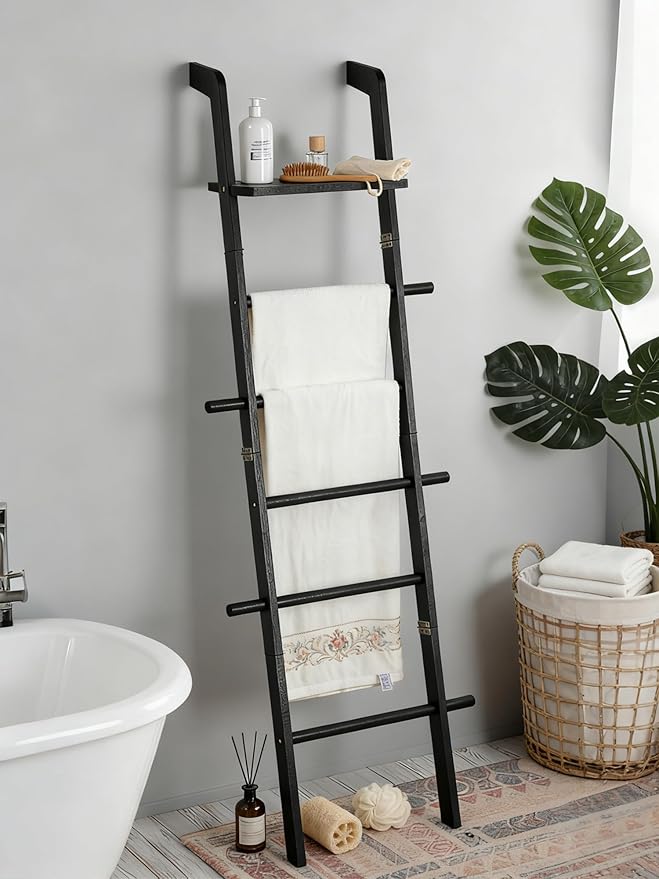 Black Blanket Ladder with Top Shelf for the Living Room - 67in Decorative Wooden Blanket Holder, 5 Tier with Side Hooks for H
