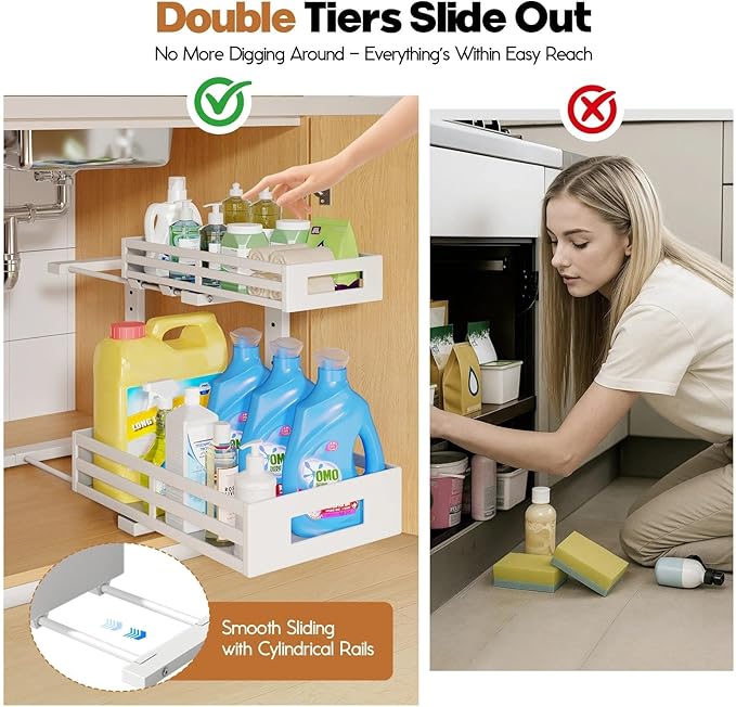 1-Pack Under Sink Organizers and Storage,2-Tier L Shape Pull Out Cabinet Organizer With Round Tube Slide Rails,Hight Adjustab