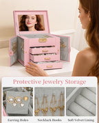 TORIBIO Jewelry Box for Women, Leather Jewelry Organizer with Mirror & Lock, 4-Tier Jewelry Storage Organizer with 3 Drawers 