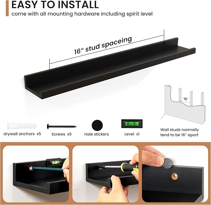 Fun Memories Picture Ledge Shelves Set of 4, 32 Inch Rustic Wall Mounted Floating Shelves with Lip for Home Storage and Décor