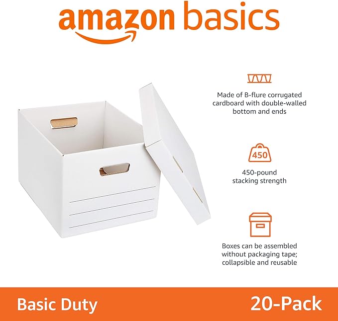 Amazon Basics Storage/Filing Boxes with Lift-Off Lid, Letter/Legal Size, Collapsible, Tape-Free Assembly, White, 16.2" L x 12