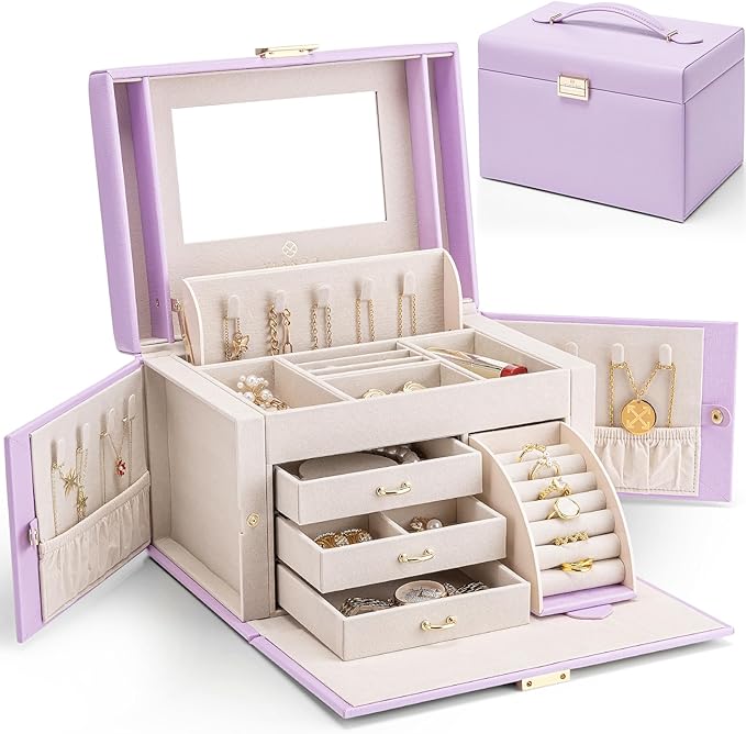 Vlando Jewelry Box Organizer for Girls Women, Large Baroque Jewelry Holder Organizer with Mirror, 3 Drawers for Bracelets, Ea