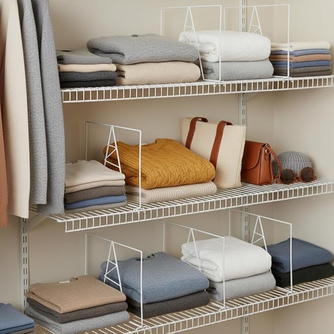 Wire Shelf Dividers - White Closet Organization & Storage Organizer - No Tool Shelf Divider for Wire Shelves - Metal Shelf Ac