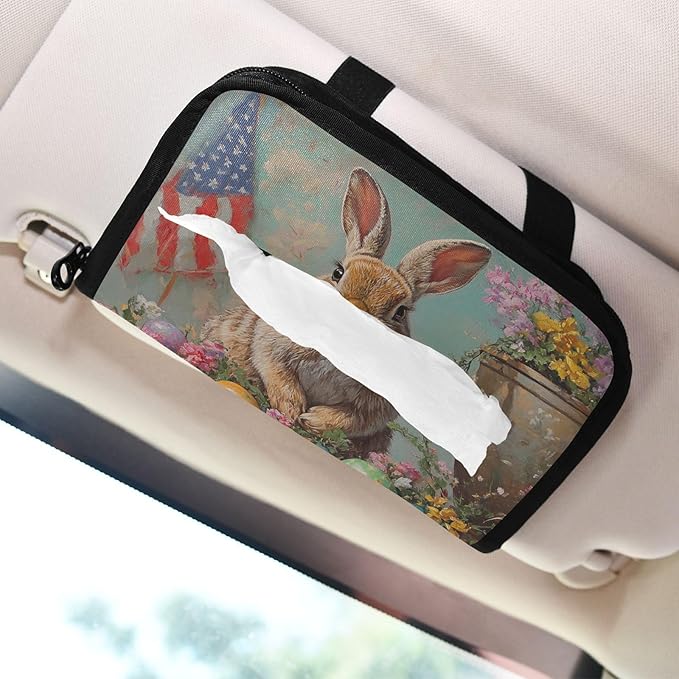 Car Tissue Holder Car Visor Organizer Tissue Box Holder for Car Sun Visor Organizer with Car Vehicle Accessories Essentials Interior for Women Men Bunny Easter Egg American Flag