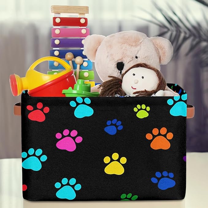 AUUXVA Colorful Paw Print Storage Basket Cube Animal Dog Cat Collapsible Storage Bin with Handle Large Baskets Box Toy Cloth 