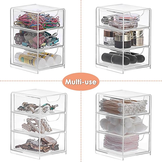BTSKY 2 Pack Small Acrylic Storage Organizer with Drawers, 3-Layer Clear Desktop Organizer for Office Supplies Mini Storage B