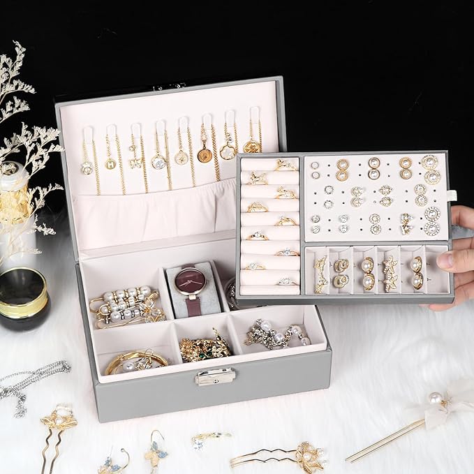 Jewelry Box for Women Girls, 2 Layers Jewelry Organizer Container with Lock, PU Leather Storage Case with Removable Tray, Jew