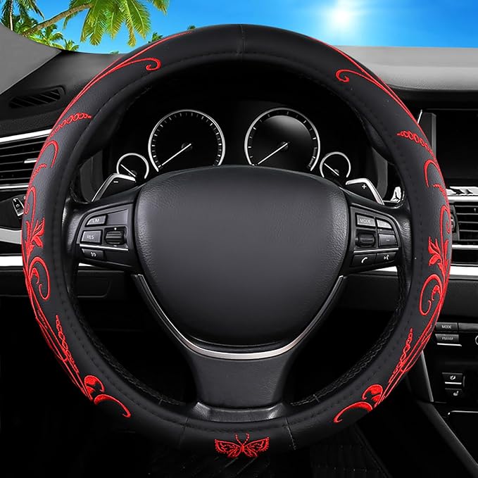 Car Leather Steering Wheel Cover - Panapi Material, Universal 14.5-15 Inch Leather Anti-Slip Breathable Auto Steering Wheel C