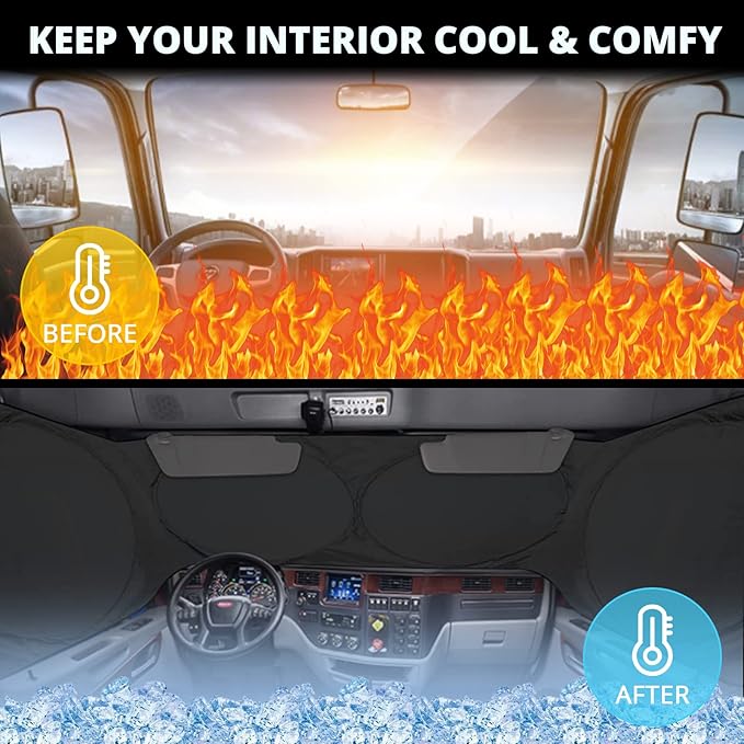 Semi Truck Sun Shade for Windshield and Side Windows | Upgrade 300T Semi Window Sunshade Sun Protection Block UV/Sun Heat Rays for Semi, Commercial & Big Rig Truck, RV