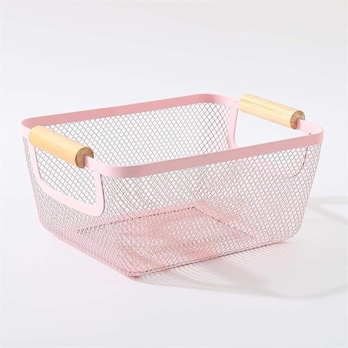 AJIODA Metal Mesh Steel Basket, Small Wire Storage Organizer Baskets Multi-function Hanging Kitchen Basket with Wood Handle f