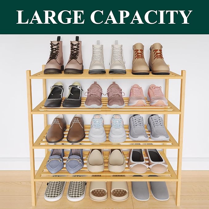 Smiry Bamboo Shoe Rack 4-Tier, Stackable Wooden Shoe Organizer for Entryway & Closet, Free Standing Wood Shoe Storage Shelf f
