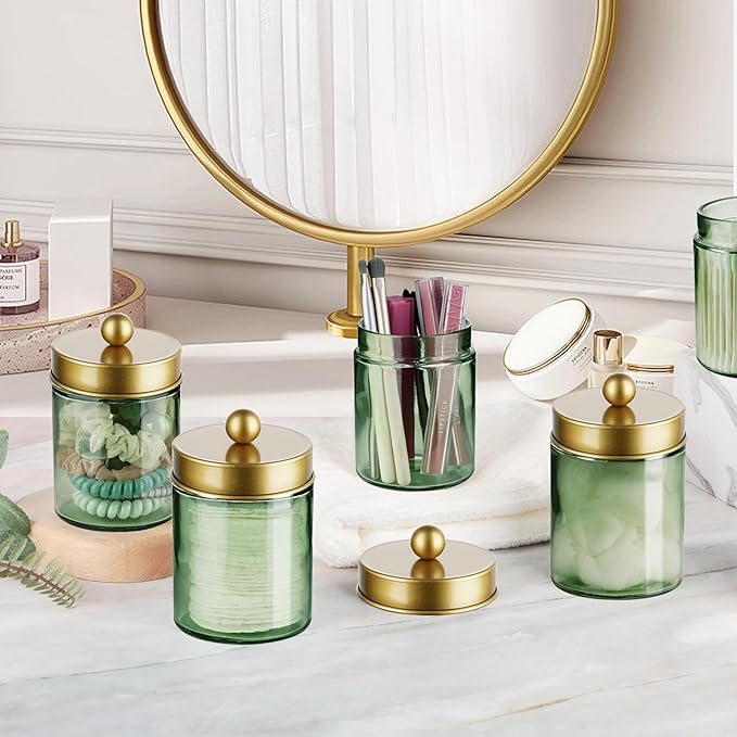 Amolliar Sage Green Apothecary Glass Jar With Metal Lid & Stickers, Bathroom Qtip Holder Storage Canister, Farmhouse Decor fo