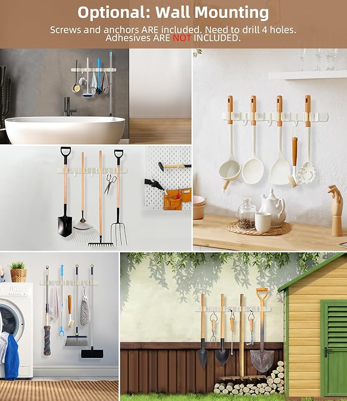 Broom Holder Over The Door - 304 Stainless Steel Mop and Broom Holder Wall Mounted or Hanging Over The Door with Hooks - Broo