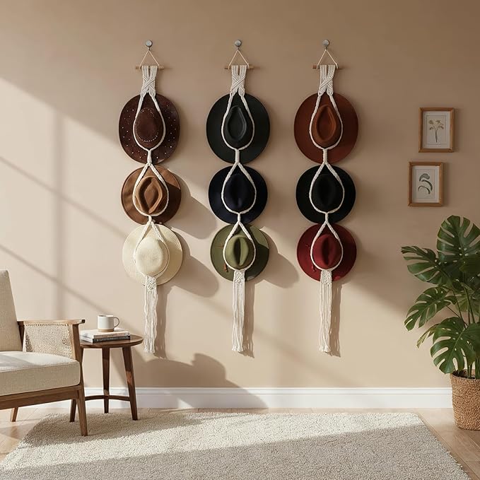 3 PCS Macrame Hat Hangers for Wall, Bohemian Hand Weaving Boho Hat Rack Organizer for Cowboy, Wide Brim, Bowler & Fedora Hats