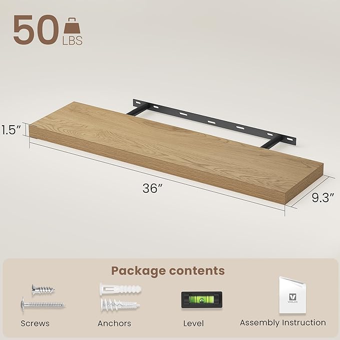 Vivelove 36 Inch Floating Shelves for Wall, 9" Deep Display Shelves for Bathroom Living Room Kitchen Bedroom Office Farmhouse