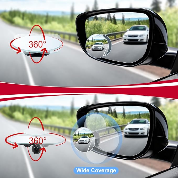 LivTee Blind Spot Mirrors, 2" Round HD Glass Frameless 360° Adjustable Convex Rear View Mirrors with Wide Angle Stick, Exterior Accessories for Cars, SUVs and Trucks, 2 Pack