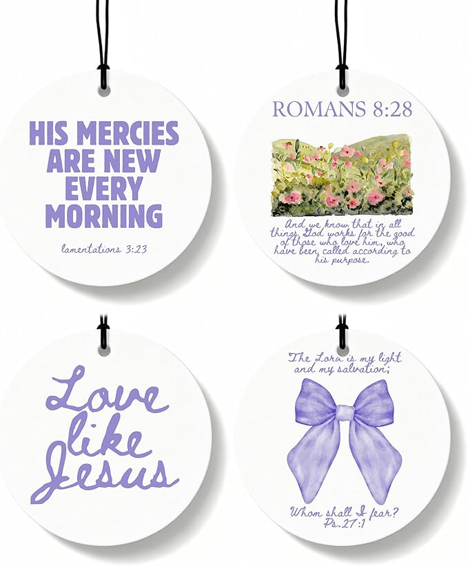 Purple Christian Round Car Air Freshener 4 Pcs, Coquette Pouple Bow Religious Hanging Air Freshener for Cars Closet Drawer Bo