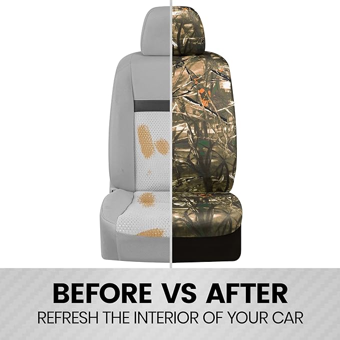 BDK Hunter Camo Car Seat Covers Full Set with Camo Steering Wheel Cover and Seat Belt Cover Pad – Forest Camouflage Pattern, 