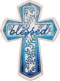 OKSQW 11" Wall Cross Handmade White Wood & Blue Iron Christians Spiritual Religious Cross with Hook Christmas Wall Hanging Cr