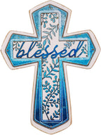 OKSQW 11" Wall Cross Handmade White Wood & Blue Iron Christians Spiritual Religious Cross with Hook Christmas Wall Hanging Cr