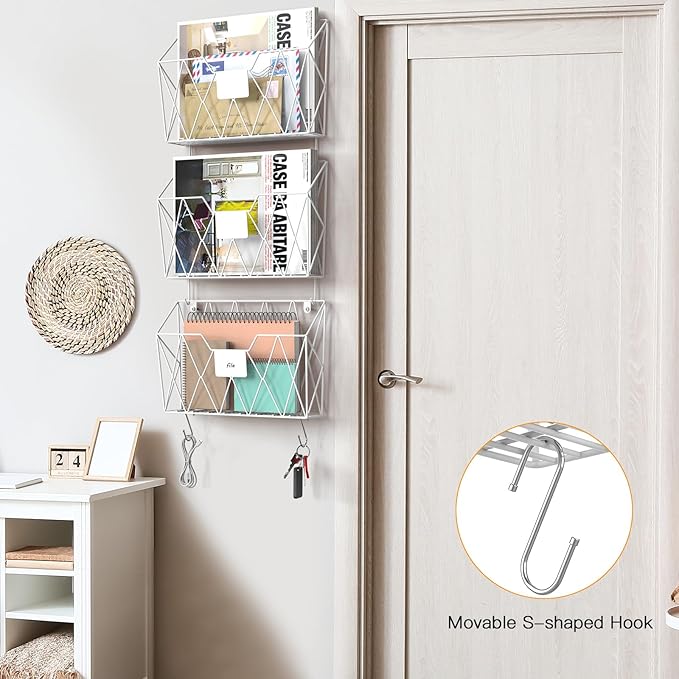YBING Wall File Organizer White 6 Pack Mesh Hanging File Holder Organizer Metal Wire Mail Organizer Wall Mounted Office Paper