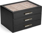 Vlando Jewelry Box for Women, Glass Lid Jewelry Organizer with 3 Drawers for Necklaces Rings Earrings Bracelets - Black