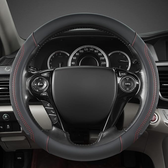 GIANT PANDA Microfiber Leather Steering Wheel Cover for Honda Accord,Civic,CR-V,HR-V,Pilot(Black+Red Line-Standard Size)