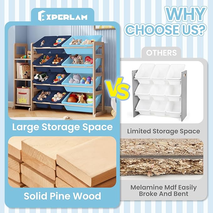 Toy Storage Organizer - Toy Organizers and Storage with Bookshelf, Toy Storage Shelf with 3 Shelves and 12 Storage Bins, Kids
