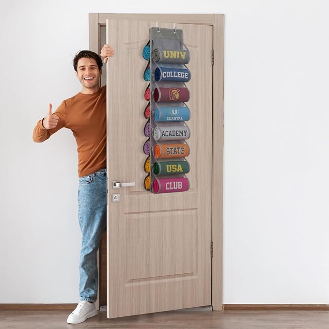 Over the Door Hoodie Organizer, Double Sided Holds 16 Hoodies, Gray Hanging Storage with 2 Hooks and Rope for Door Closet Cab