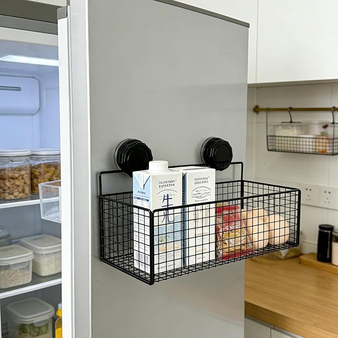 Wall Mounted Wire Basket, Black Metal Storage Organizer with Suction Cups for Kitchen Bathroom