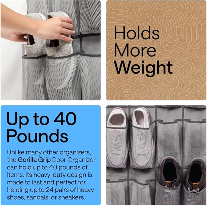 GORILLA GRIP Over the Door Shoe Organizer, 24 Large Breathable Mesh Pockets, Space Saving Hanging Storage Holder, Closet Rack