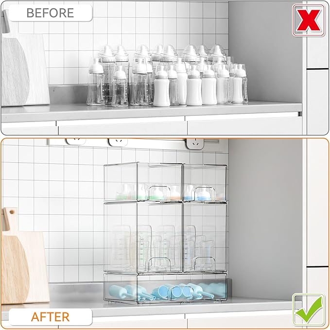 Yieach 5 Set Clear Stackable Storage Drawers and Acrylic Drawer Organizer,BPA Free Baby Bottle Organizer for Countertop and B