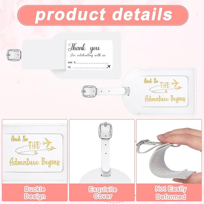 Sweetude 48 Sets Leather Luggage Tag Bulk and So The Adventure Begins Luggage Tags with Name Card for Wedding Bridal Shower B