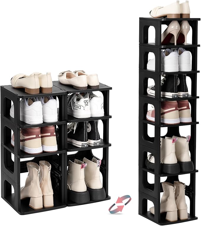 TRZZ 4-Tier Small Shoe Rack, Vertical Narrow Stackable Organizer with Removable Partition, Efficient Shoe Storage for Closet,