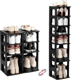 TRZZ 4-Tier Small Shoe Rack, Vertical Narrow Stackable Organizer with Removable Partition, Efficient Shoe Storage for Closet,