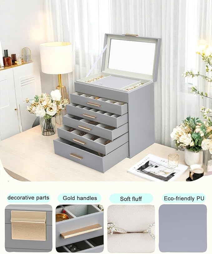 BOOVO Jewelry Boxes for Women, White and Black 6 Layer Large Jewelry Box for Necklace, Bracelet, Earrings, Rings Storage, Jew