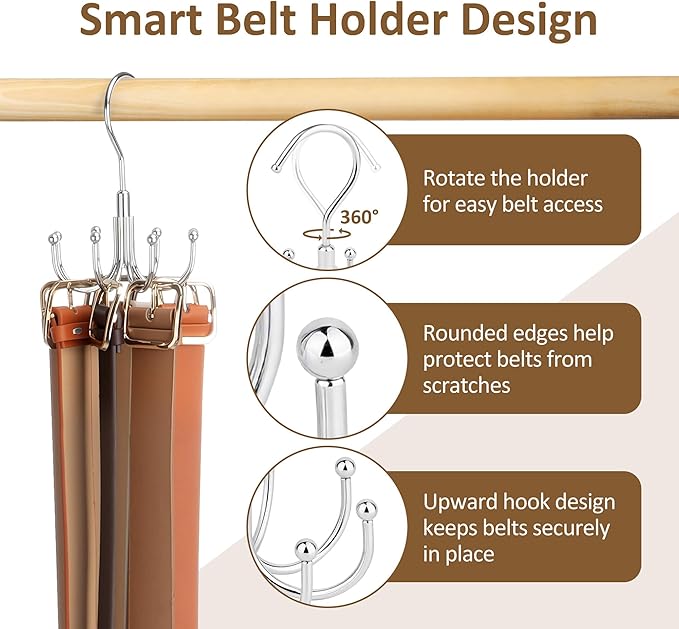 ZEDODIER 4 Pack Belt Organizer for Closet, Heavy-Duty Rotating Belt Hanger Rack Holds Multiple Belts, Hanging Space Saving Me