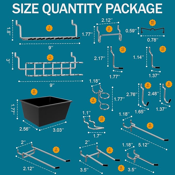 Pegboard kit with Accessories,Includes 2 Pack 16" X 24" Steel Peg Board and 120 PCS Varied Pegboard Accessories,can be Used f