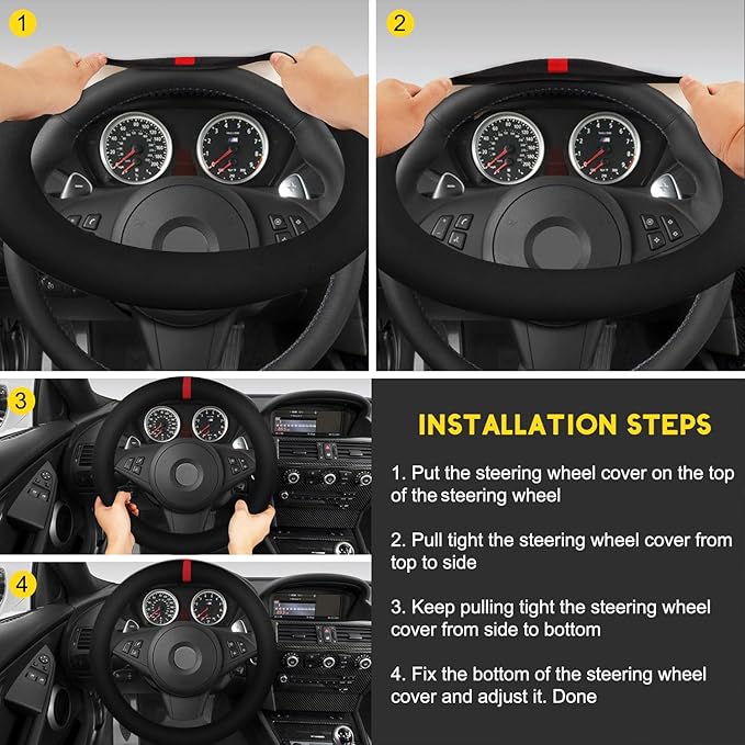 Suede Steering Wheel Cover with Upgraded Silicone Inner Ring, Breathable, Anti-Slip, Leather Universal 14.5 to 15 Inch Steeri