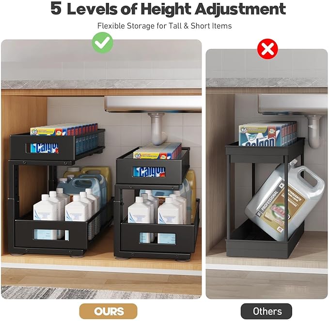 2 Packs 21IN Depth Under Sink Organizer, 2-Tier Pull Out Cabinet Organizer With Smooth Circular Rail, Large Capacity Metal Me