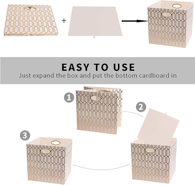 Posprica Storage Bins, Storage Cubes,13×13 Fabric Drawers Organizer Basket Boxes Containers (13×13×13/2pcs, Cream/gold geomet