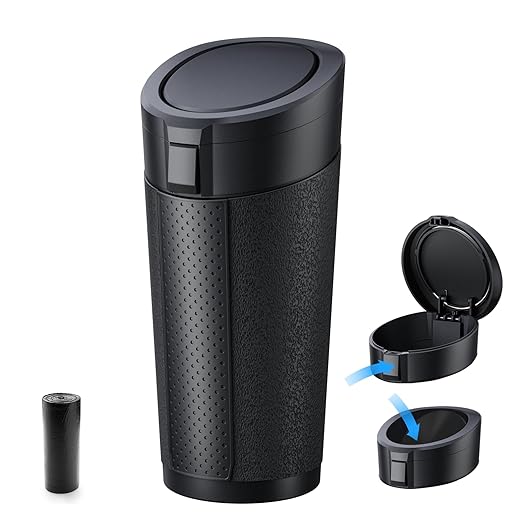 Car Cup Holder Trash Can with Lid - Mini Small Auto Garbage Can Bin for Vehicle, Car Door, Back Seat - Leakproof Portable Dustbin (Black)